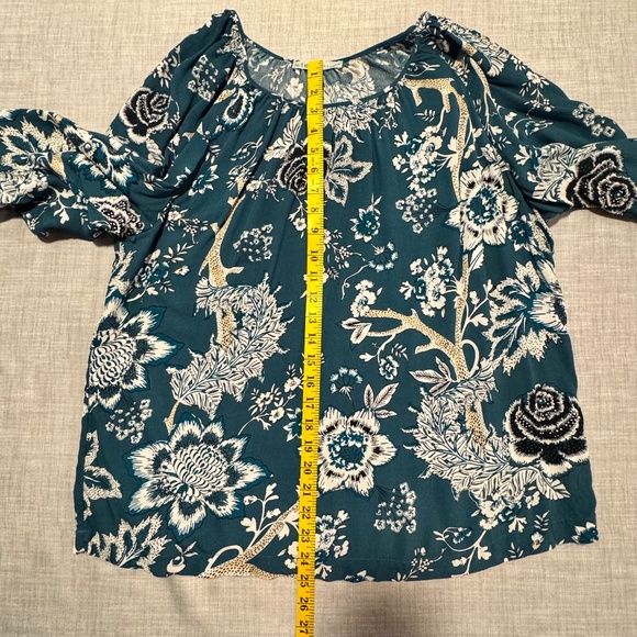 Teal Botanical Print Blouse w/Subtle Puff Sleeves – Relaxed Fit – Soft Drape - Picture 5 of 9